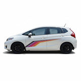 Mega Sticker Store universal racing stripe decal in colourful pinstripe design applied to the side of a white car.