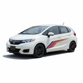 Mega Sticker Store universal racing stripe decal in colourful pinstripe design applied to a white hatchback car