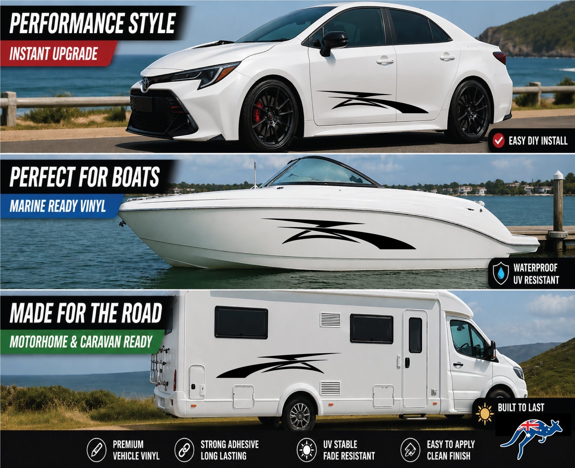 Mega Sticker Store black racing stripe vinyl decals applied to a white car, boat, and motorhome for custom styling.