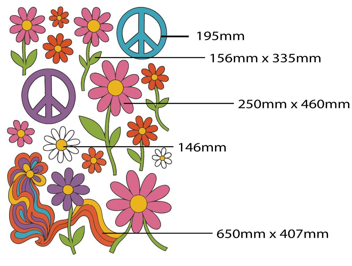Mega Sticker Store retro hippie vinyl decal sheet with colorful daisies, peace signs, and psychedelic swirl graphics.