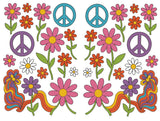 Mega Sticker Store retro hippie vinyl decal sheet with colorful flowers, peace signs, and psychedelic swirls.