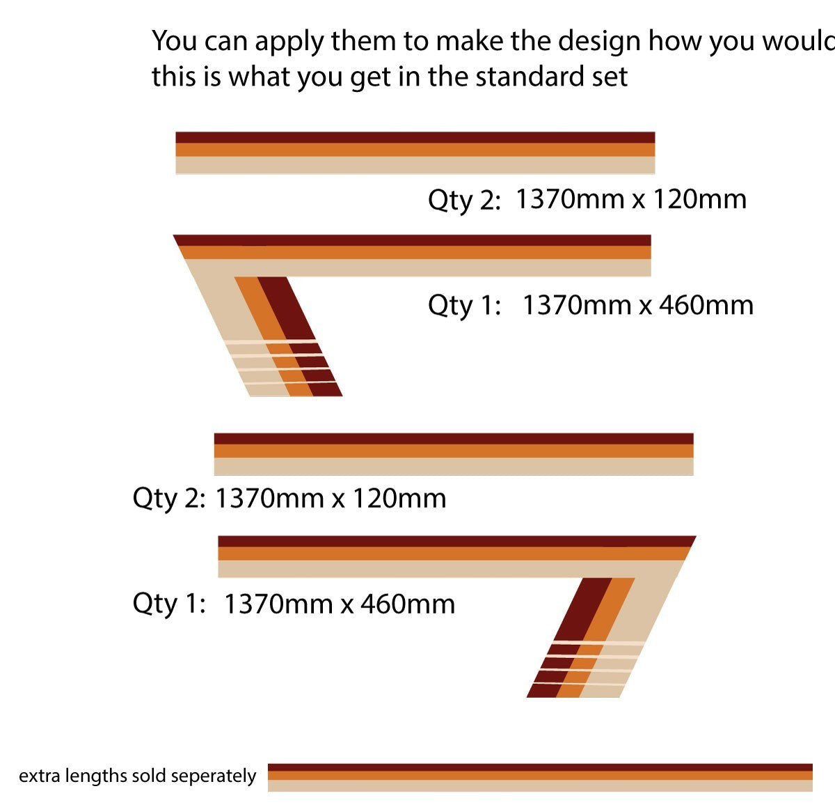 Mega Sticker Store retro brown and tan pinstripe vinyl decal kit for trucks and cars with various stripe dimensions.