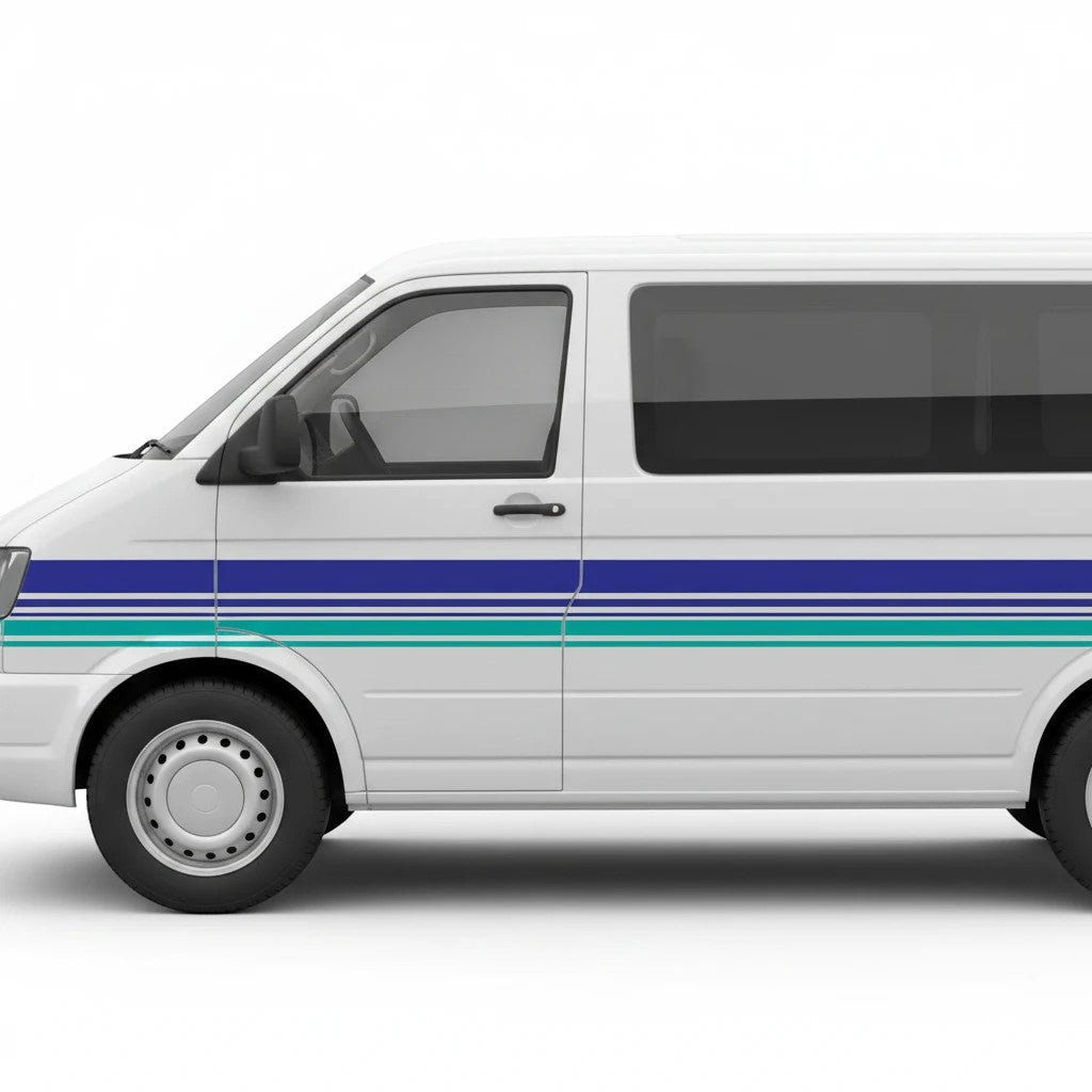 Mega Sticker Store retro teal and blue pinstripe vinyl decal applied to the side of a white van