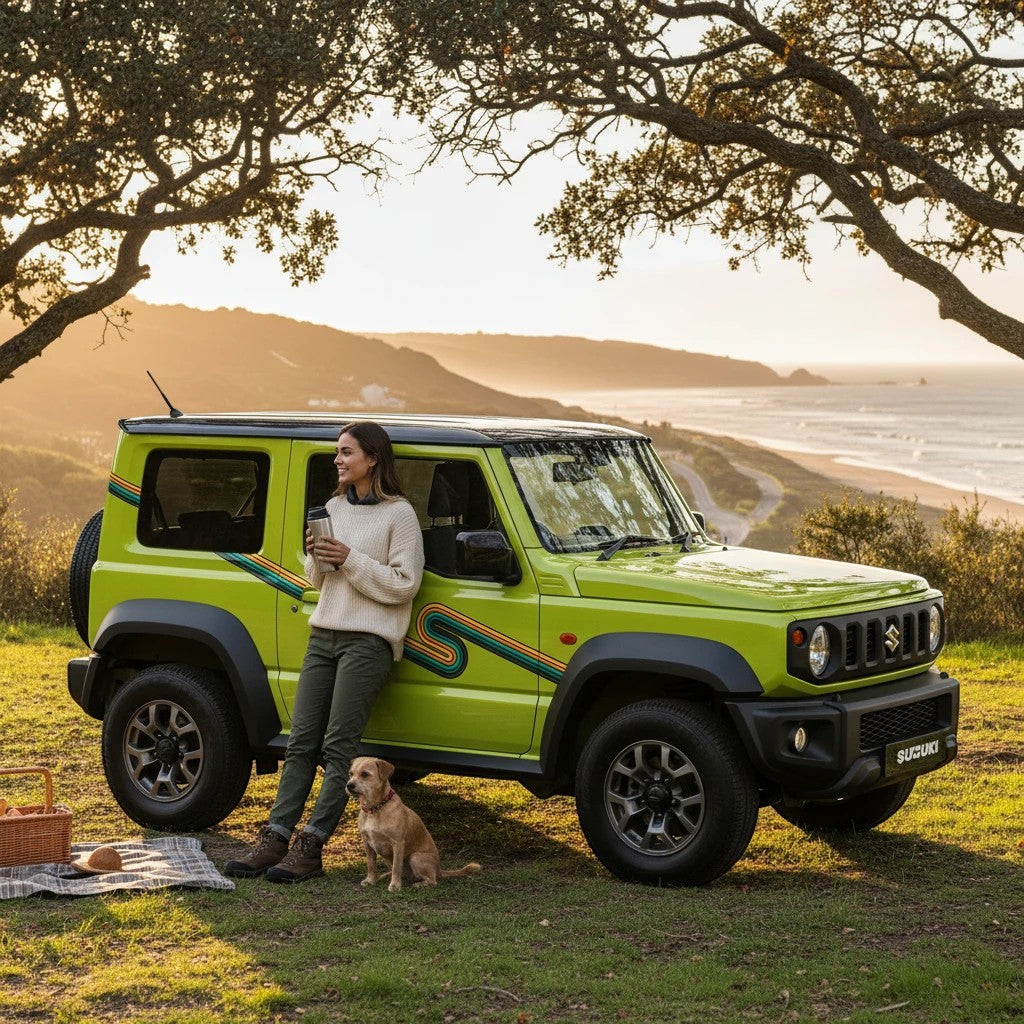 Mega Sticker Store retro stripe vinyl decals on a lime green Suzuki Jimny parked by the coast with a woman and dog.