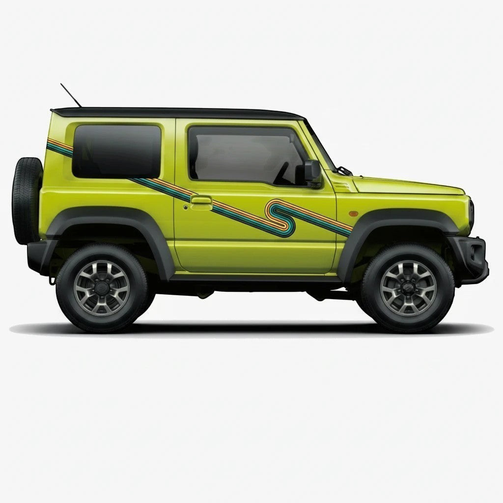 Mega Sticker Store retro stripe vinyl decals on a lime green Suzuki Jimny 4x4 vehicle side profile