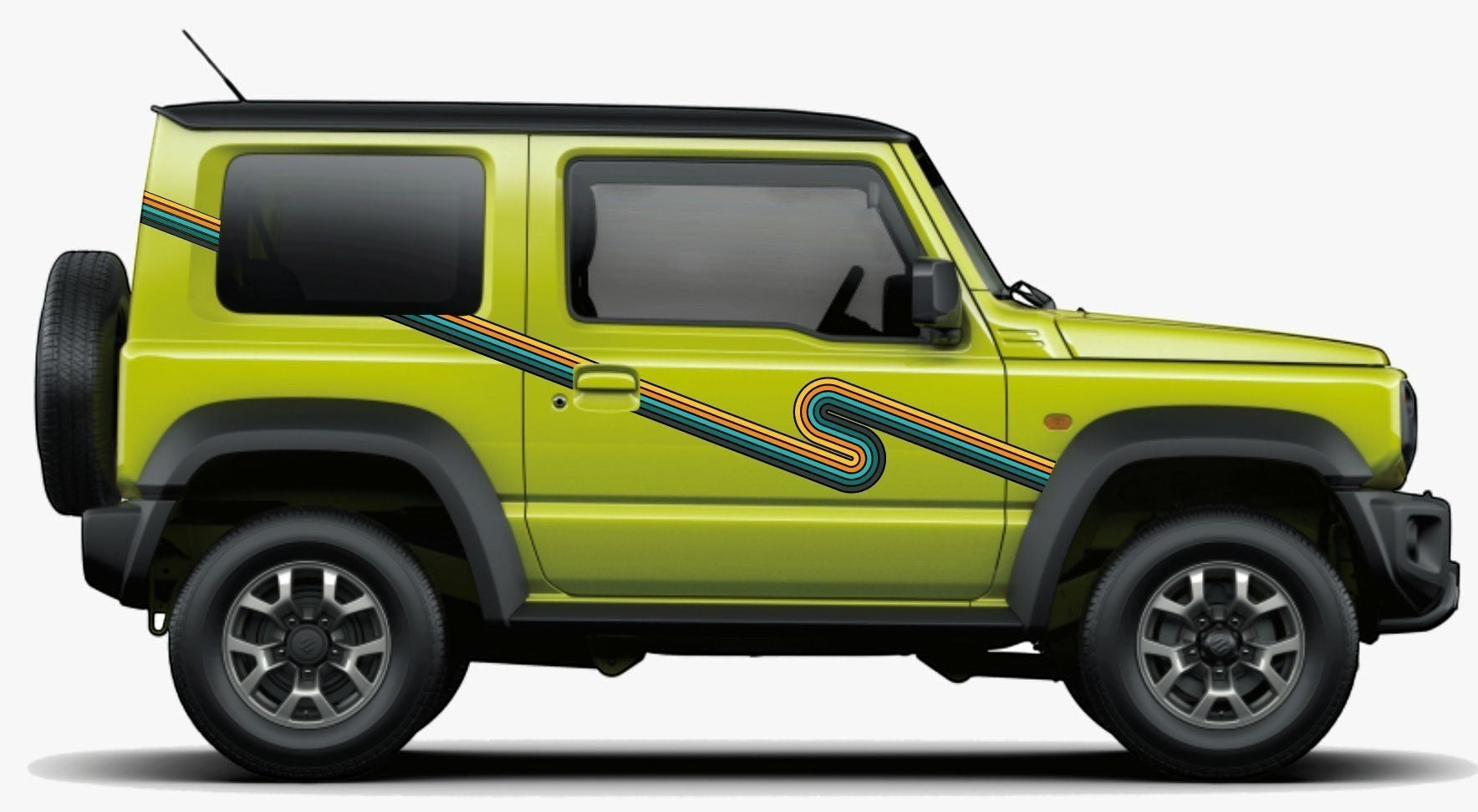 Mega Sticker Store retro stripe vinyl decals on a lime green Suzuki Jimny side profile