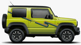 Mega Sticker Store retro stripe vinyl decals on a lime green Suzuki Jimny side profile