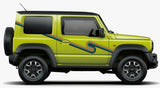 Mega Sticker Store retro stripe vinyl decals on a lime green Suzuki Jimny side profile