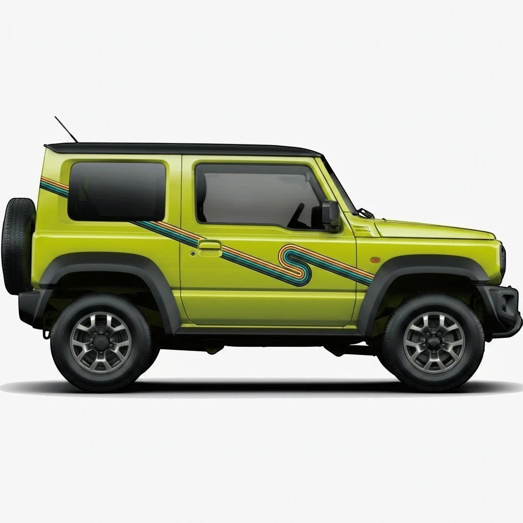 Mega Sticker Store retro stripe vinyl decal on a lime green Suzuki Jimny side profile