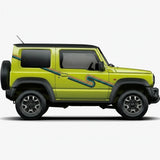 Mega Sticker Store retro stripe vinyl decal on a lime green Suzuki Jimny side profile