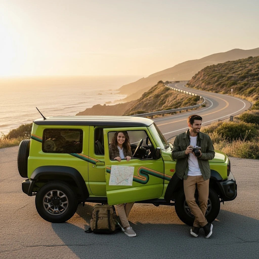 Mega Sticker Store retro stripe vinyl decals on a lime green Suzuki Jimny parked on a scenic coastal road with a couple