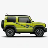 Mega Sticker Store retro stripe vinyl decal on a lime green Suzuki Jimny side profile for a vintage 4x4 aesthetic
