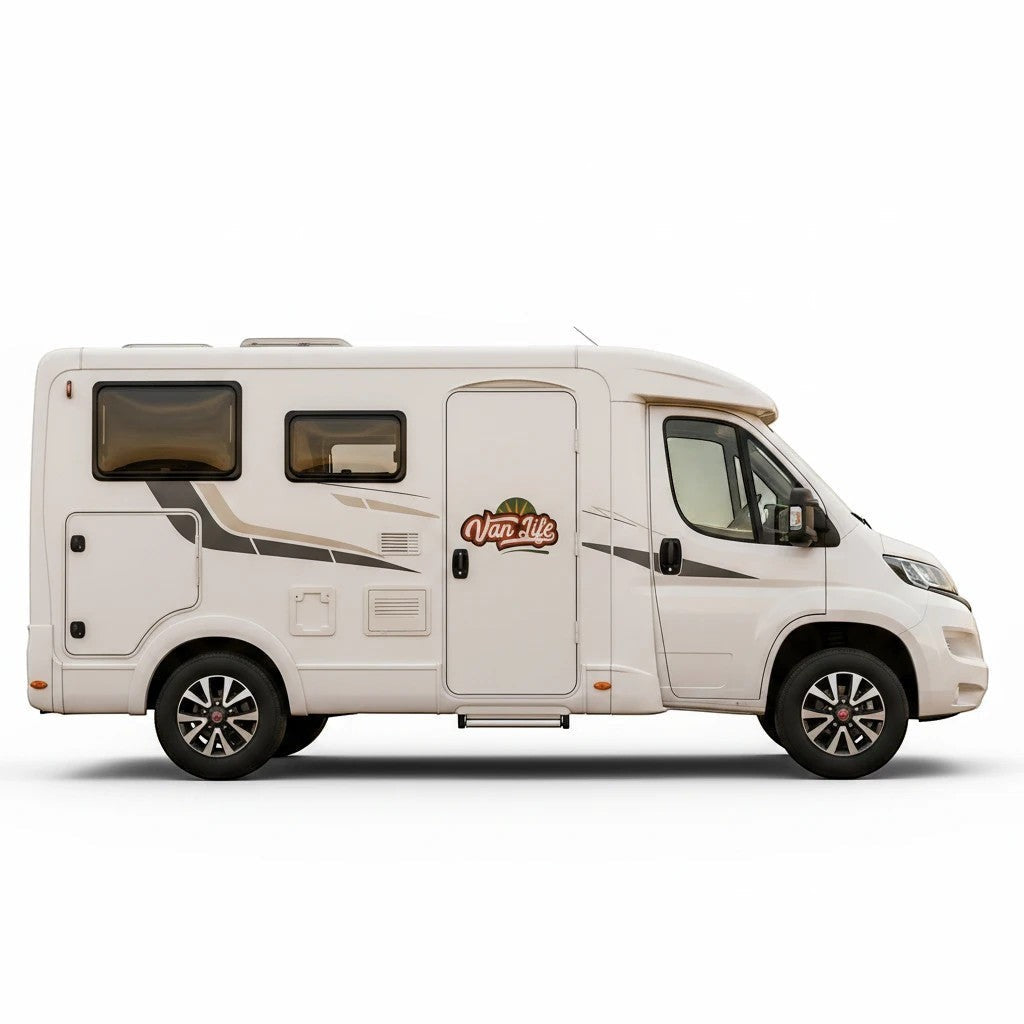 Mega Sticker Store Van Life Adventure vinyl decal applied to the side of a white campervan for a retro travel look.