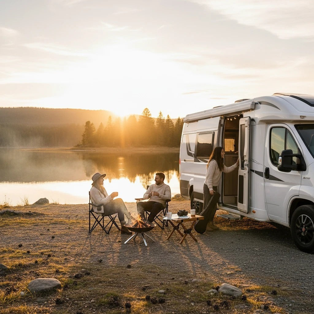 Mega Sticker Store Van Life Adventure vinyl sticker applied to a white campervan parked by a lake at sunset