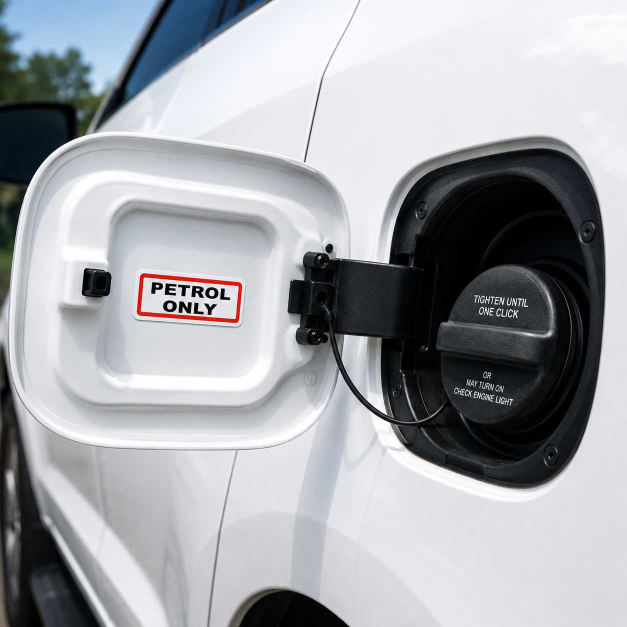 Petrol Only fuel identification sticker applied inside a vehicle fuel filler door