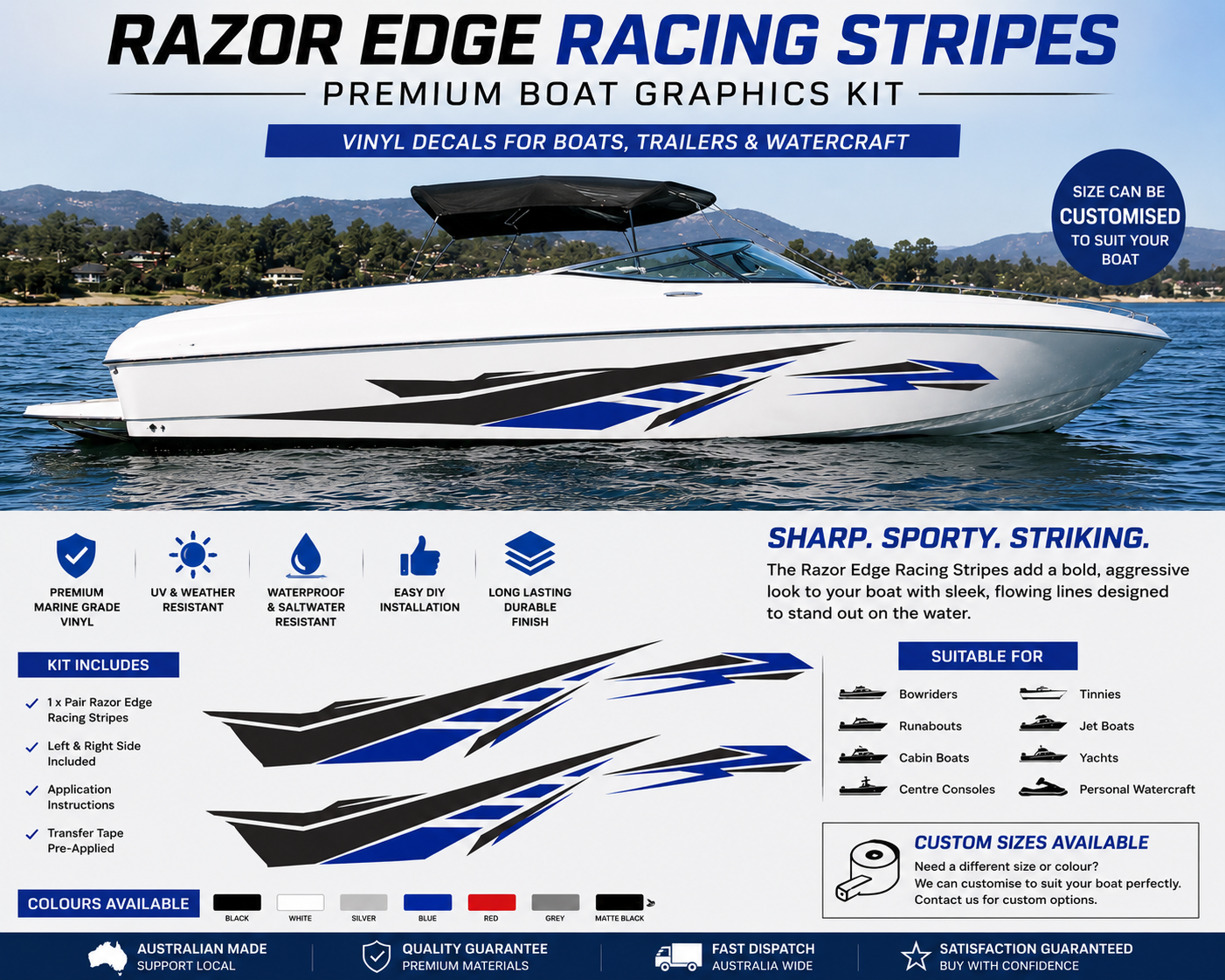 Razor Edge Racing Stripes vinyl graphics kit installed on white speedboat