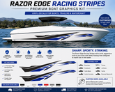 Razor Edge Racing Stripes vinyl graphics kit installed on white speedboat
