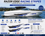 Razor Edge Racing Stripes vinyl graphics kit installed on white speedboat