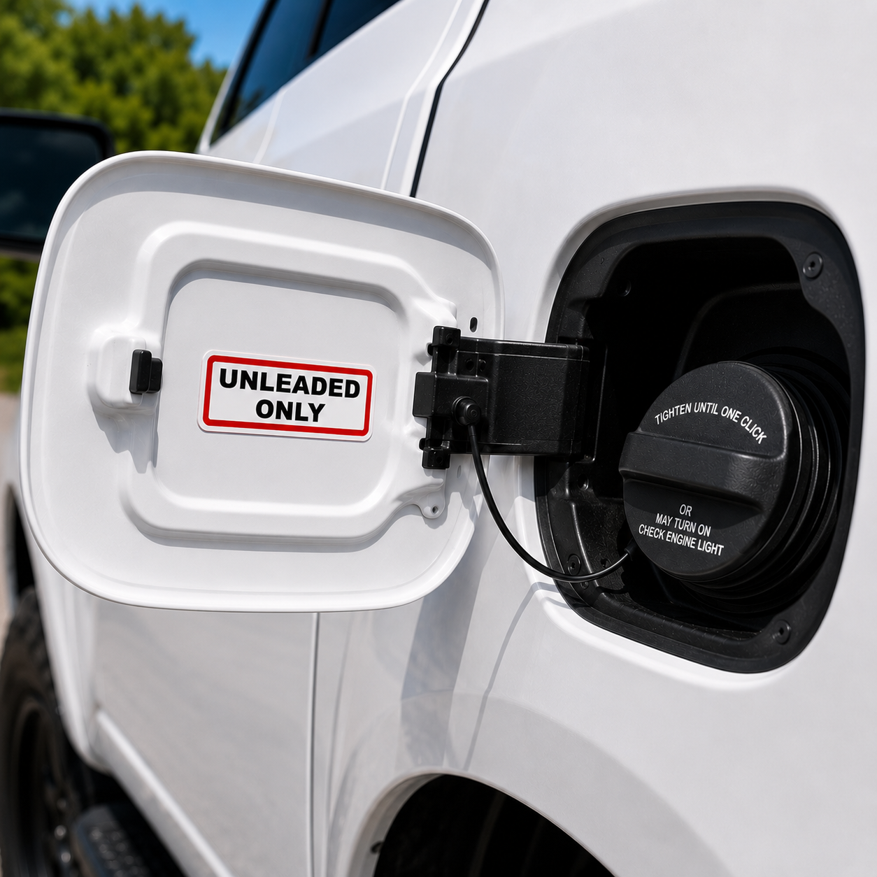 Unleaded Only fuel identification sticker applied above a vehicle fuel filler cap