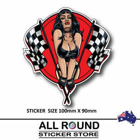 Pinup Girl  with racing flags sexy biker-helmet-motorcycle--sticker-decal-car-,
