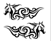 A pair of black tribal-style horse designs intended as stickers for vehicle sides, displayed with a legend of available colors.