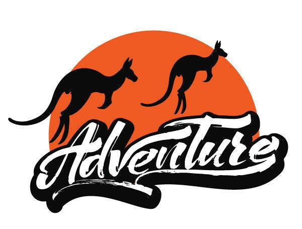 Adventure vehicle sticker decal with kangaroos in orange and black suitable for RV motorhome