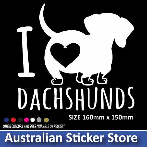 Cute "I Love Dachshunds" car sticker featuring a playful wiener dog illustration; perfect for dachshund lovers and pet-themed vehicle decals.