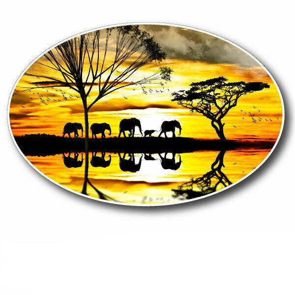 Silhouette of elephants and trees at sunset with reflection on water decal