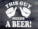 A sticker with the text 'This Guy Needs A Beer' in white, indicating a humorous message
