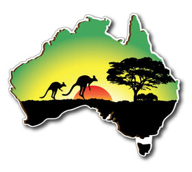 Green Australia-Map-sticker-with-kangaroo-sunset-bumper-sticker-for-car,-window,