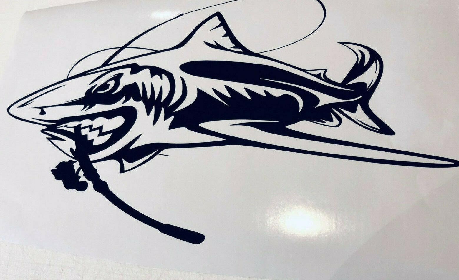 Large Shark with Fishing Rod Funny Fishing Sticker Decal - Boat, Ute, Motorhome - 1000mm x 535mm