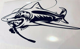 Large Shark with Fishing Rod Funny Fishing Sticker Decal - Boat, Ute, Motorhome - 1000mm x 535mm