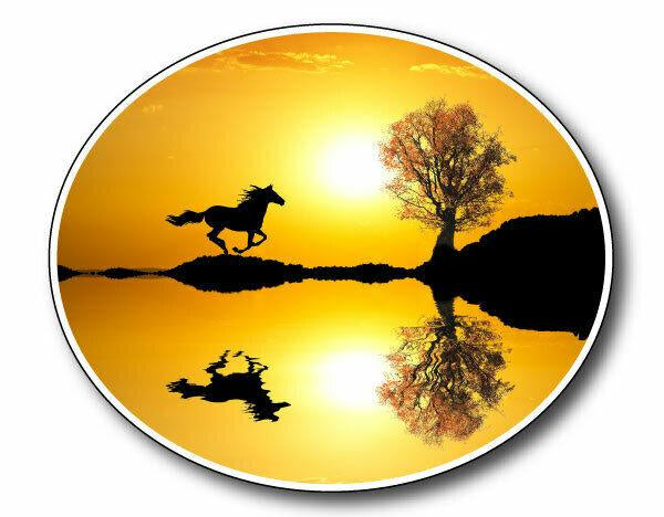 Oval shaped decal with sunset ans a galloping running horse vehicle sticker