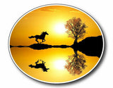 Oval shaped decal with sunset ans a galloping running horse vehicle sticker