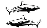 A set of two black shark decals designed for use on vehicles such as boats and cars.