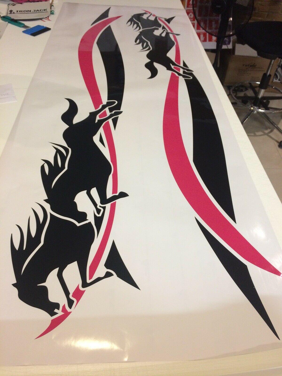 Black and pink horse float side stripe decals with running horse graphic applied to a white horse float.