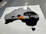 Vibrant Grey Australia Map with Kangaroos & Sunset Sticker for Recreational Vehicles