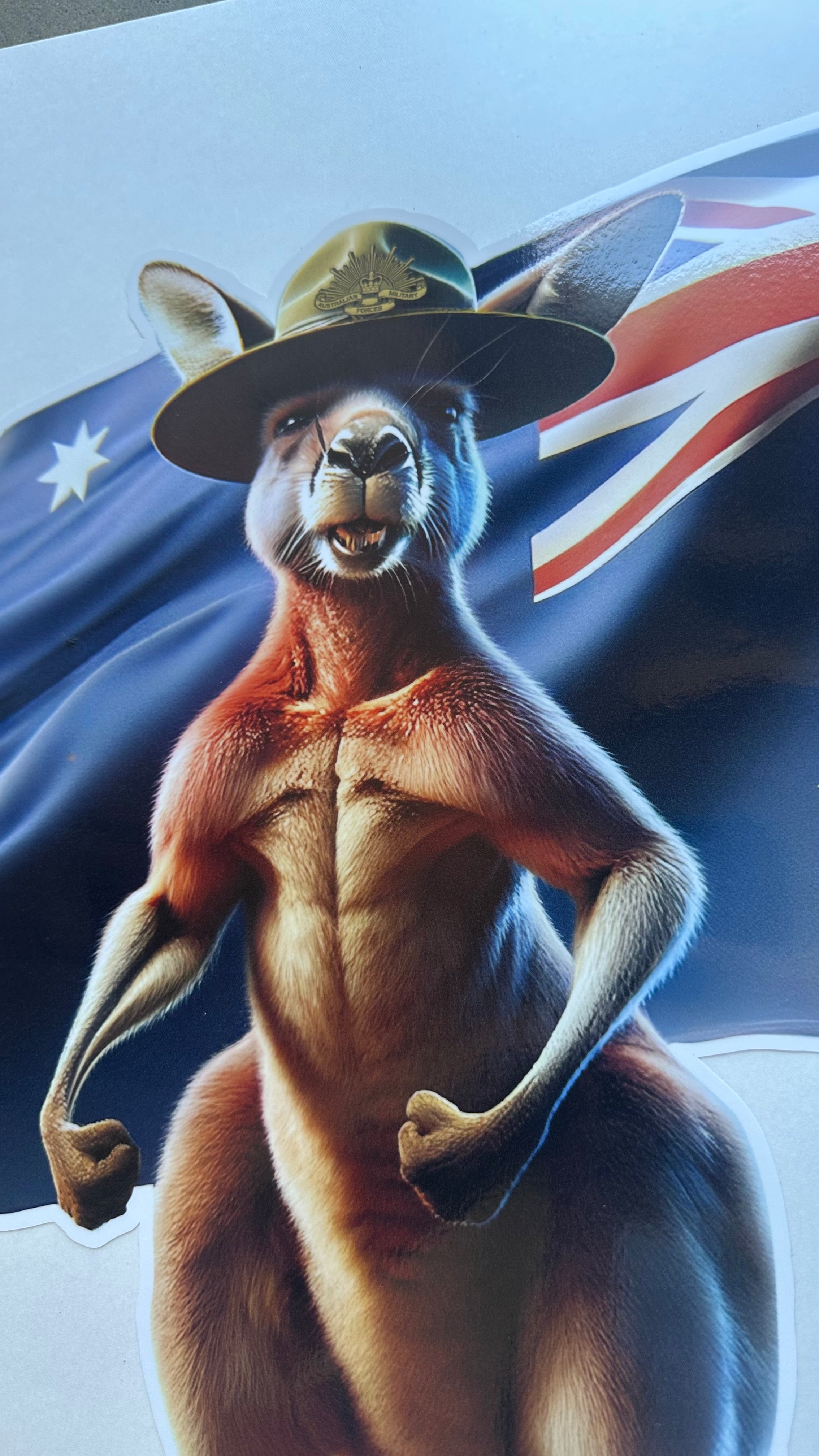 Kangaroo with flag and aussie army slouch  hat sticker decal vehicle, window, car . motorhome camper van truck