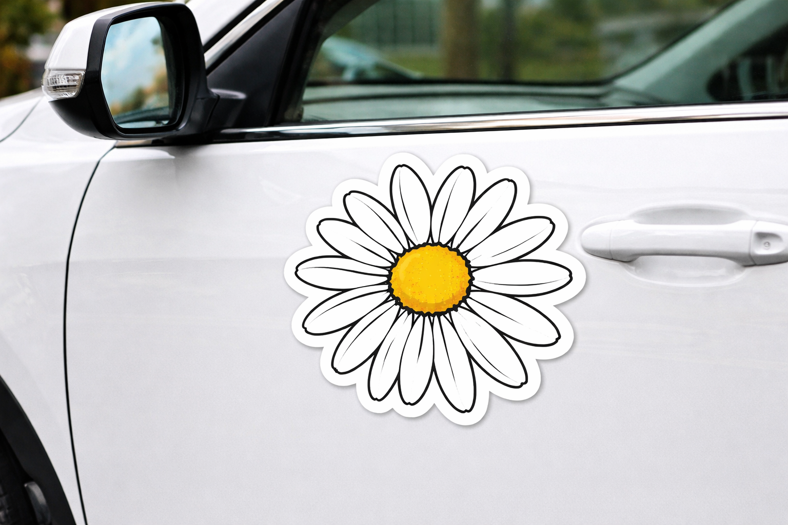 Daisy flower sticker on a car door