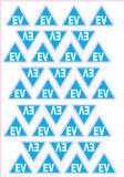 Collection of blue triangular stickers with 'EV' and 'Λ3' symbols on a white background
