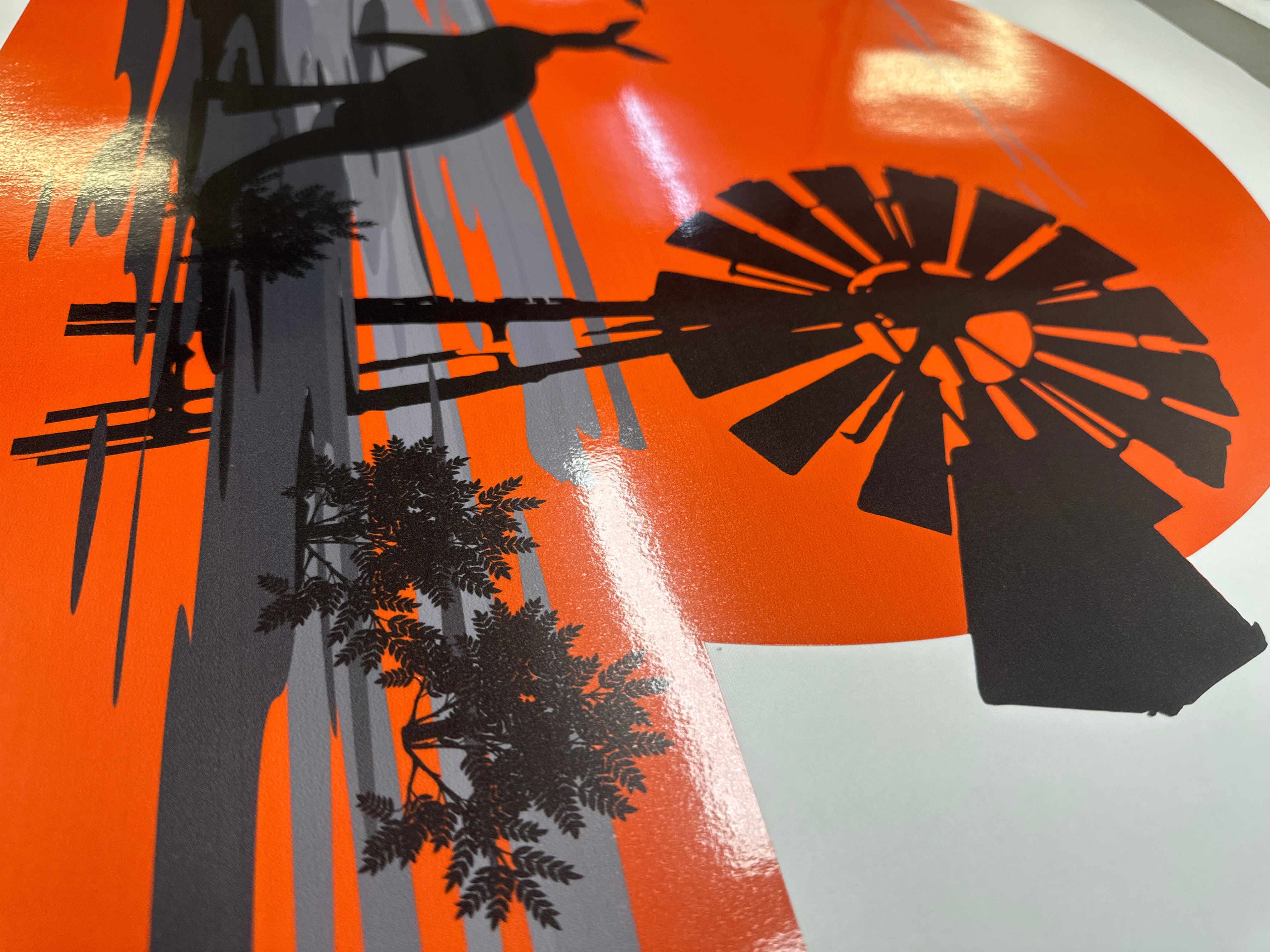 Australian graphic for campervan featuring windmill kangaroo sunset