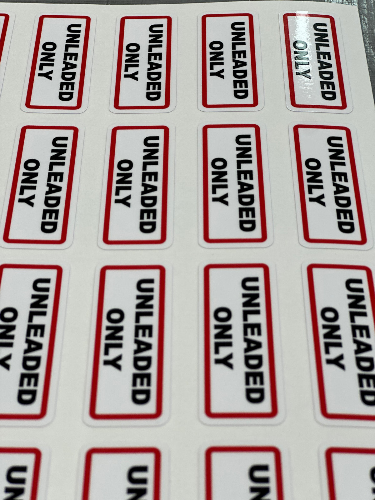 Unleaded Only Fuel Stickers Sheet of 24, Waterproof UV Resistant Vinyl Labels for Vehicles, Fleets, Campervans and Fuel Stations, 65x25mm Red Black Print