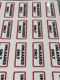 Unleaded Only Fuel Stickers Sheet of 24, Waterproof UV Resistant Vinyl Labels for Vehicles, Fleets, Campervans and Fuel Stations, 65x25mm Red Black Print