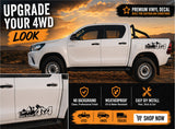 White 4WD vehicle with 'Off Road' decals against a sunset desert background, promotional text for vinyl decals.