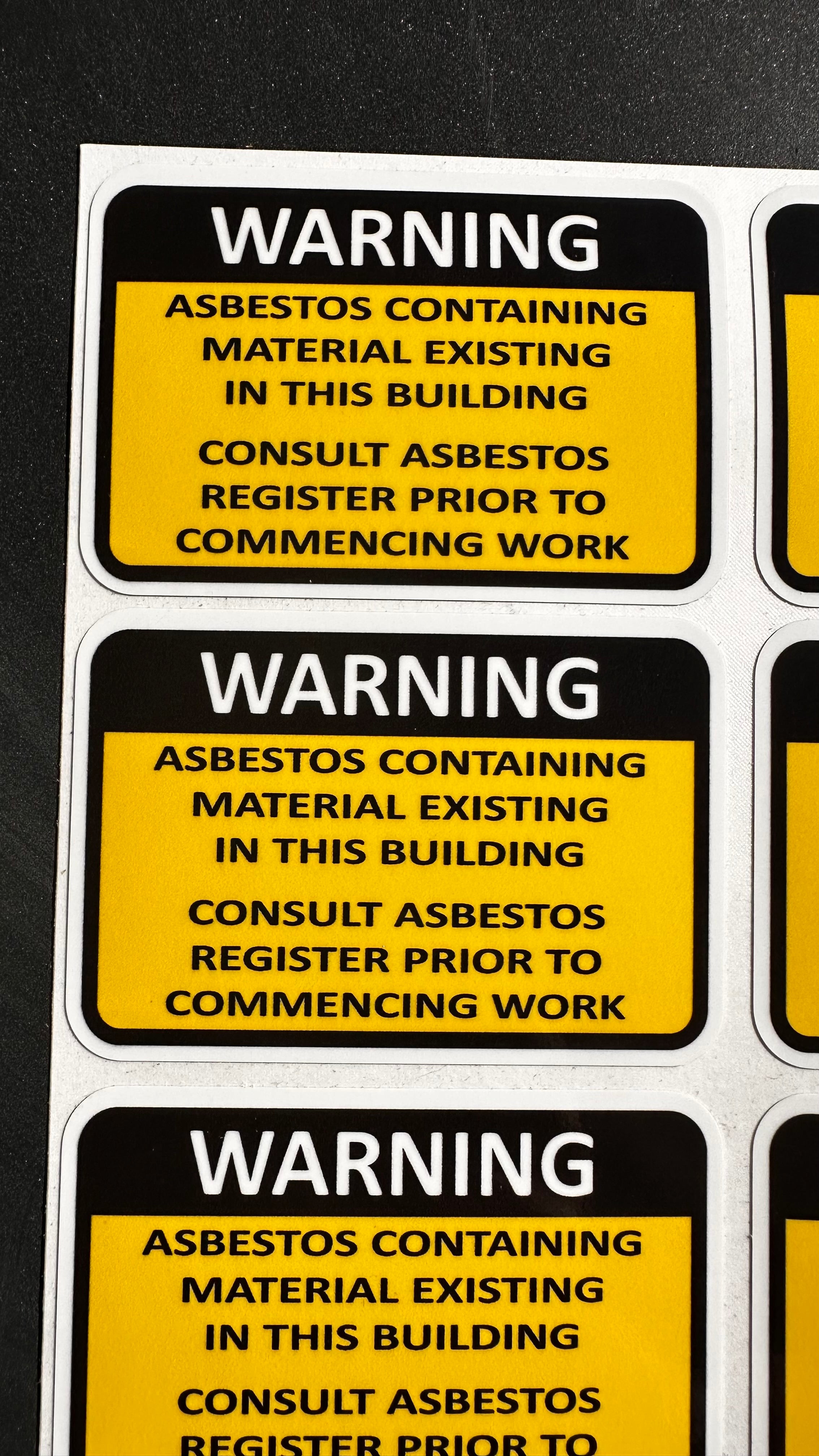 Asbestos Warning Vinyl Stickers Pack, Building Safety Decals 80mm x 54mm