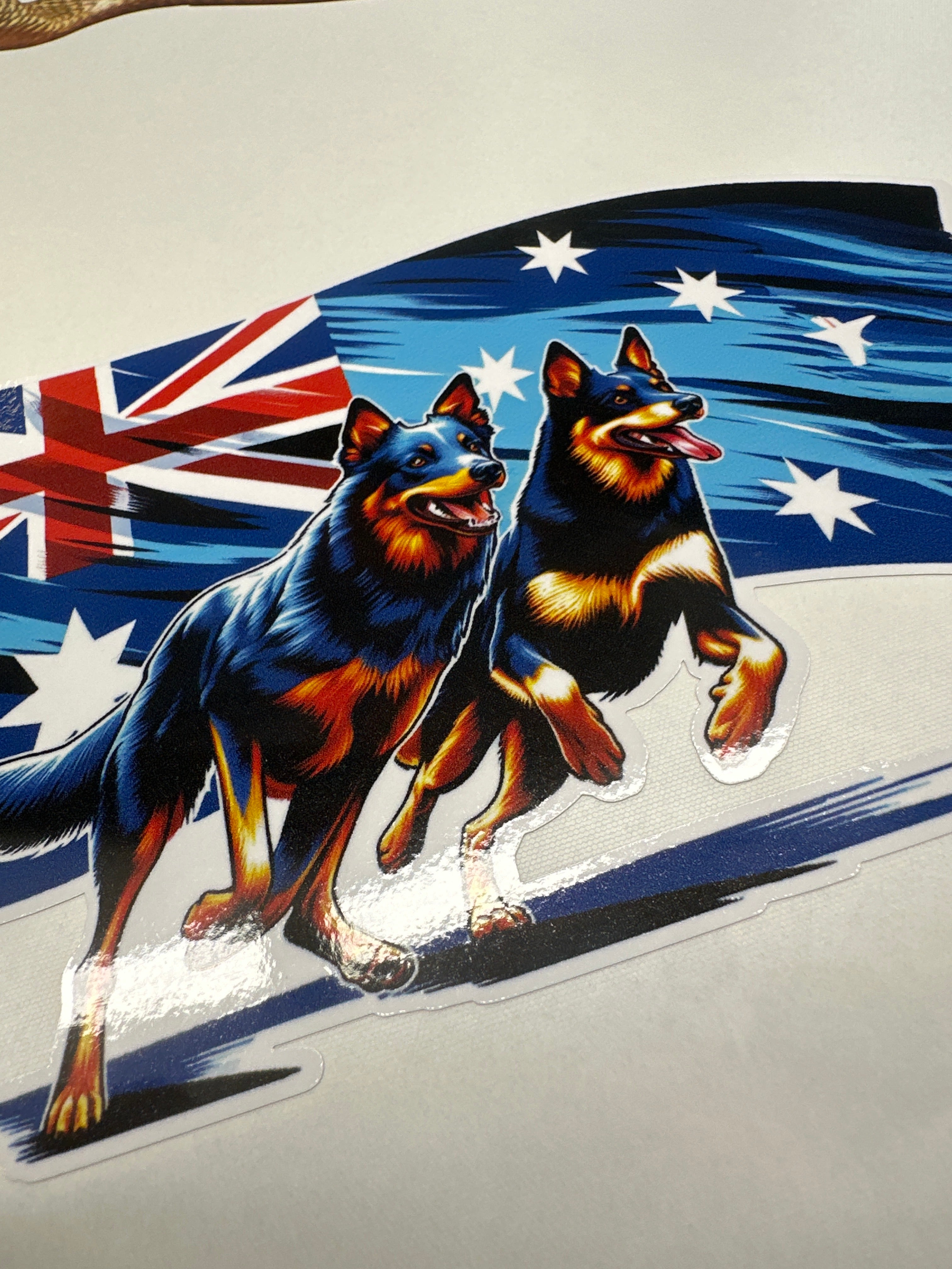 Kelpie Cattle Dog Vinyl Decal, Australian Flag Dog Car Window Sticker, Full Colour Vehicle Decal