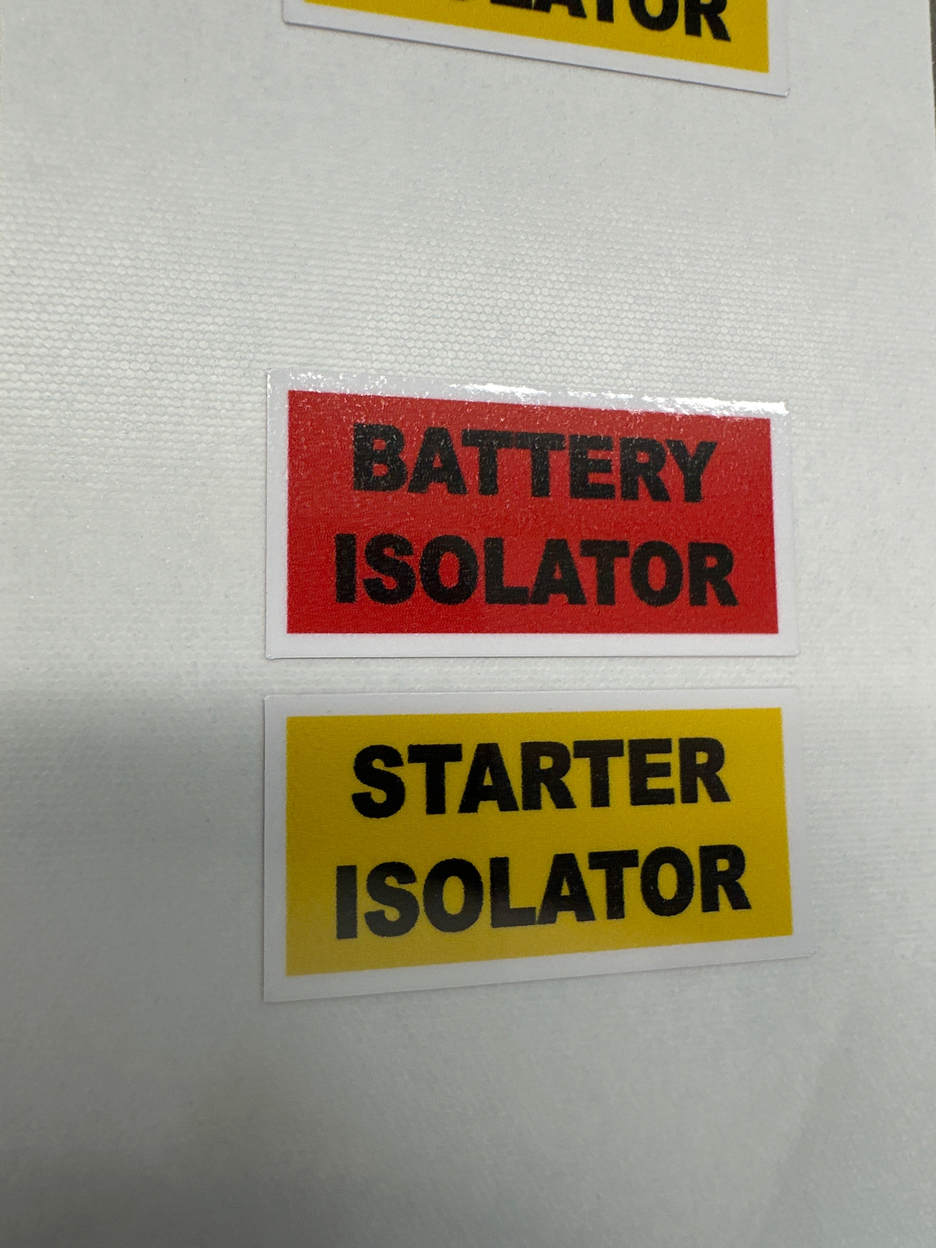 Battery Isolator and starter , warning stickers, warning decals