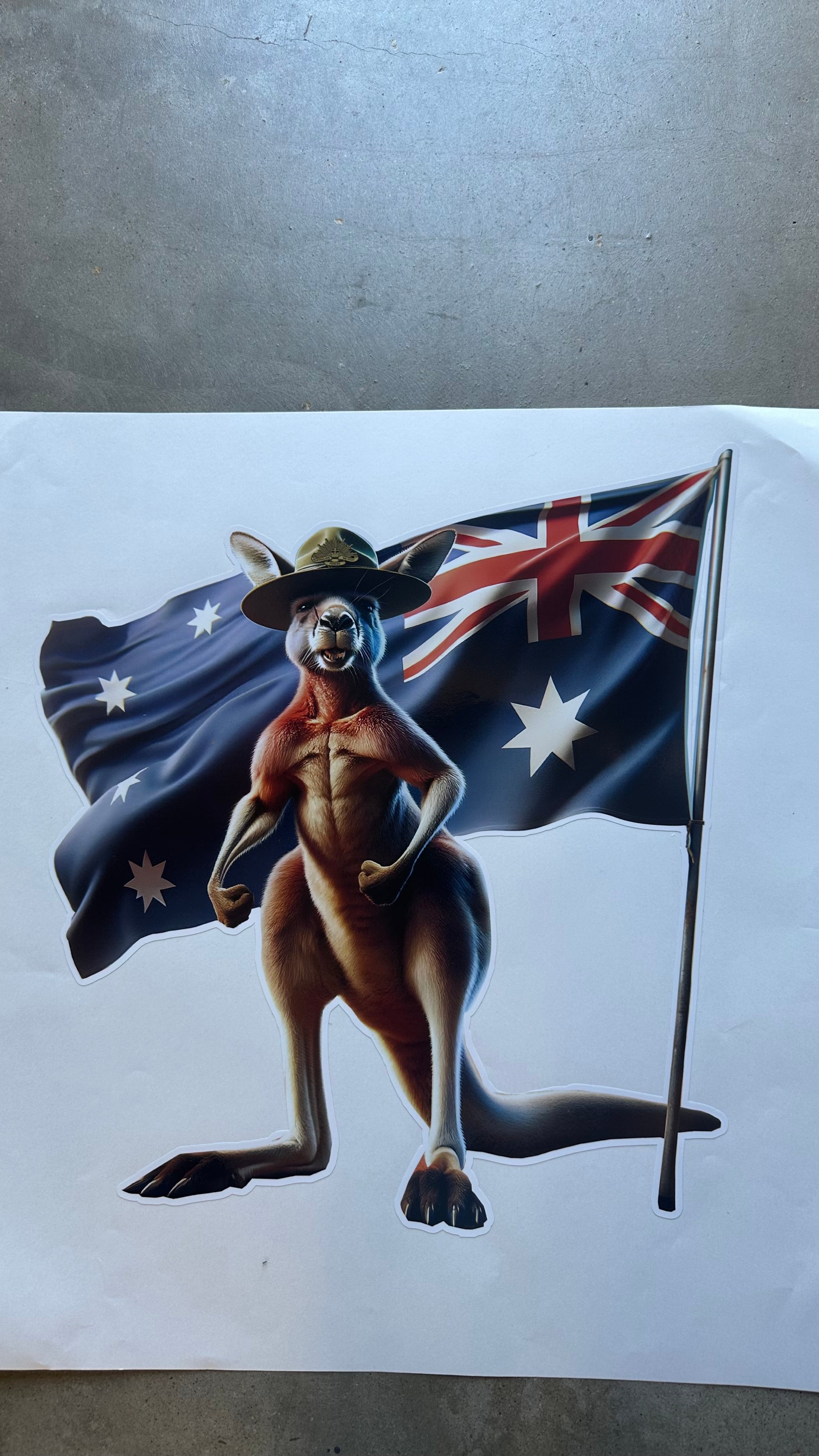 Kangaroo with flag and aussie army slouch  hat sticker decal vehicle, window, car . motorhome camper van truck