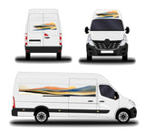 White van shown from front, side, and rear views with a colorful design on a white background.