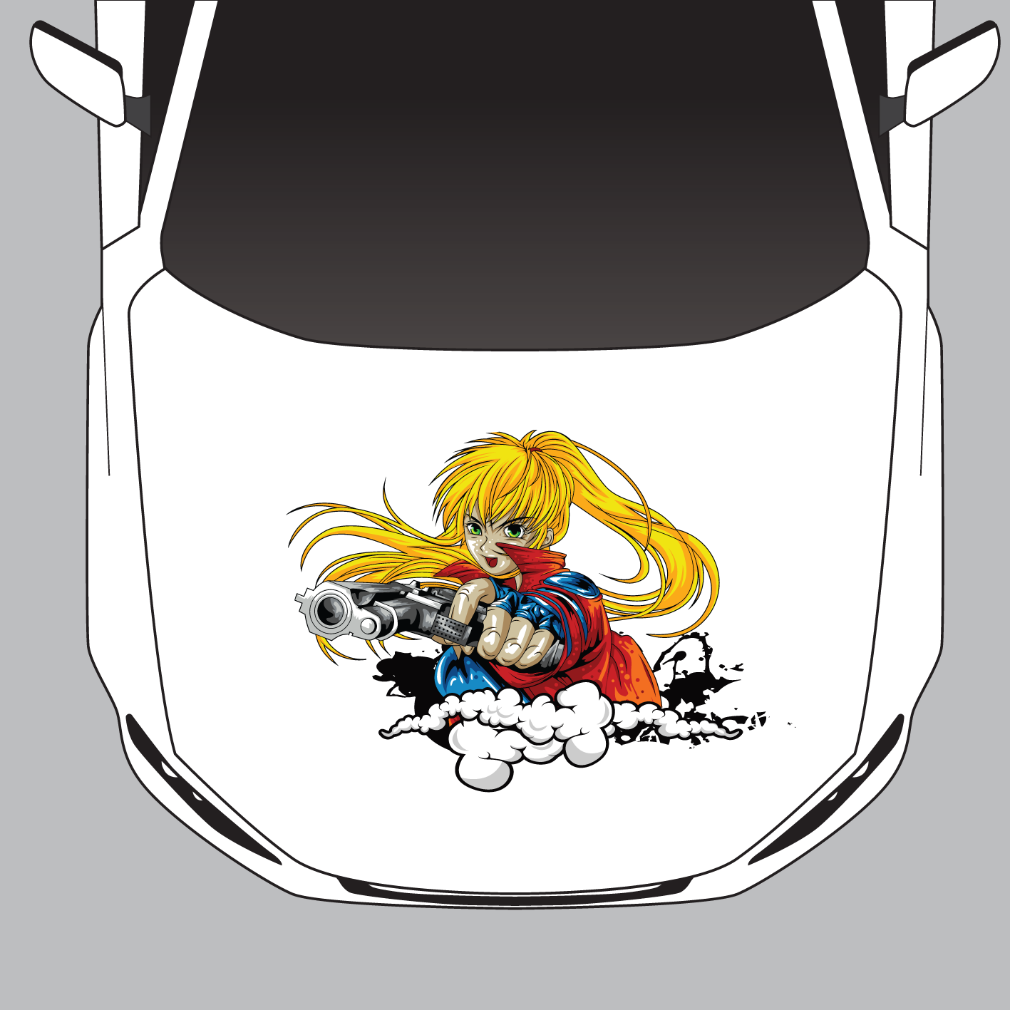 Anime Girl with Gun Decal: Large Car Hood Sticker for Vehicle Customization (800mm x 600mm)
